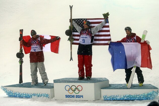 SOCHI, RUSSIA - FEBRUARY 18: (FRANCE OUT) David Wise of the USA wins the gold medal, Mike Riddle of Canada wins the silver medal, Kevin Rolland of France wins the bronze meda during the Freestyle Skiing Men's Halfpipe at the Rosa Khutor Extreme Park on February 18, 2014 in Sochi, Russia. (Photo by Christophe Pallot/Agence Zoom/Getty Images)