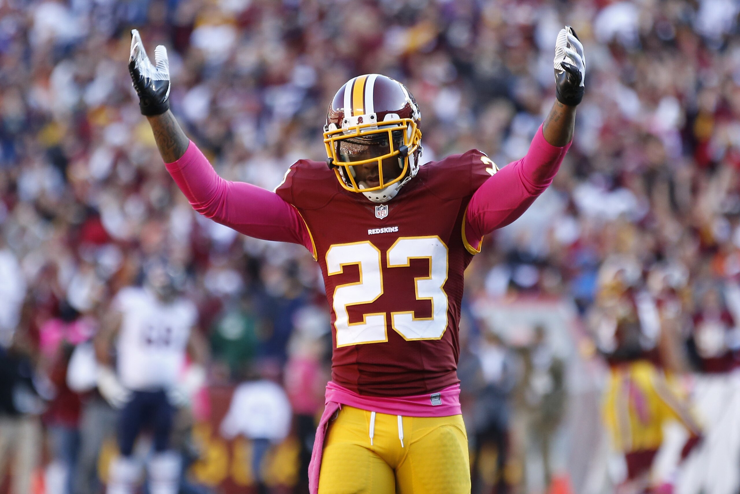 Oct 20, 2013; Landover, MD, USA; Washington Redskins cornerback DeAngelo Hall (23) celebrates on the field after the Redskins against the Chicago Bears at FedEx Field. The Redskins won 44-41. Mandatory Credit: Geoff Burke-USA TODAY Sports Oct 20, 2013; Landover, MD, USA; Washington Redskins cornerback DeAngelo Hall (23) celebrates on the field after the Redskins against the Chicago Bears at FedEx Field. The Redskins won 44-41. Mandatory Credit: Geoff Burke-USA TODAY Sports