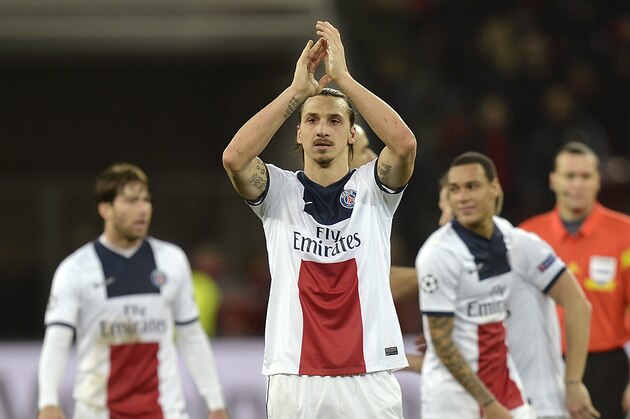 PSG's Zlatan Ibrahimovic applauds after a Champions League round of the last 16 first leg soccer match between Bayer Leverkusen and Paris Saint-Germain in Leverkusen, Germany, Tuesday Feb. 18, 2014.  (AP Photo/Martin Meissner)