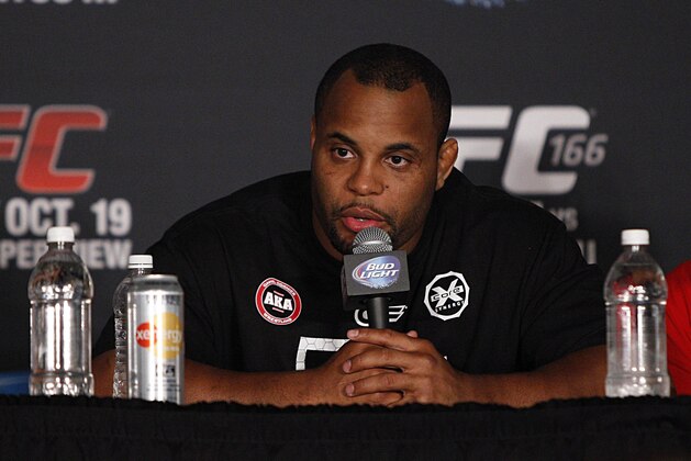 Oct 19, 2013; Houston, TX, USA; Daniel Cormier answers a question during the press conference following UFC 166 at Toyota Center. Mandatory Credit: Andrew Richardson-USA TODAY Sports
