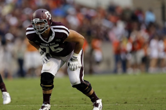Texas A&M offensive linesman Jake Matthews lines up against Sam Houston State during the second quarter of an NCAA college football game Saturday, Sept. 7, 2013, in College Station, Texas. (AP Photo/David J. Phillip)