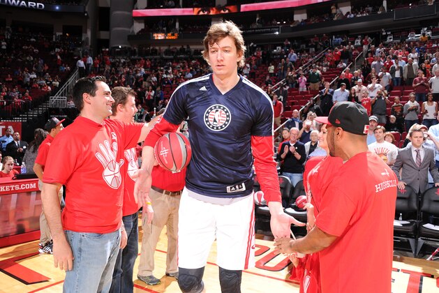HOUSTON, TX - NOVEMBER 11: Omer Asik #3 of the Houston Rockets walks onto the court against the Toronto Raptors on November 11, 2013 at the Toyota Center in Houston, Texas. NOTE TO USER: User expressly acknowledges and agrees that, by downloading and or using this photograph, User is consenting to the terms and conditions of the Getty Images License Agreement. Mandatory Copyright Notice: Copyright 2013 NBAE (Photo by Bill Baptist/NBAE via Getty Images)