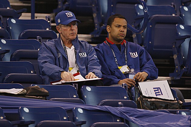 Feb 25, 2012; Indianapolis, IN, USA; New York Giants coach Tom Coughlin observes from the seats during the NFL Combine at Lucas Oil Stadium. Mandatory Credit: Brian Spurlock-USA TODAY Sports