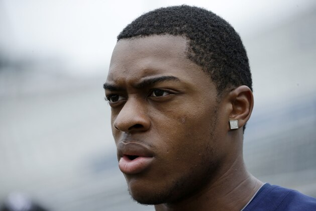 Penn St wide receiver Allen Robinson (8) is interviewed during the NCAA college football team's media day in State College, Pa., Thursday, Aug. 8, 2013. (AP Photo/Gene J. Puskar)