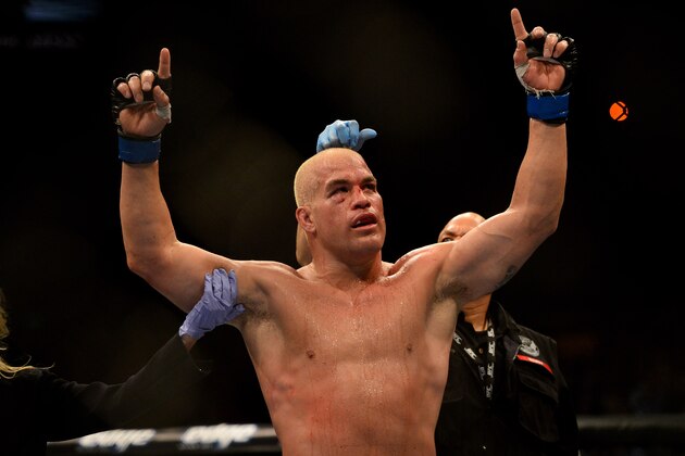 Jul. 7, 2012; Las Vegas, NV, USA; UFC fighter Tito Ortiz celebrates following his fight against Forrest Griffin during a light heavyweight bout in UFC 148 at the MGM Grand Garden Arena. Ortiz retired following his loss. Mandatory Credit: Mark J. Rebilas-USA TODAY Sports