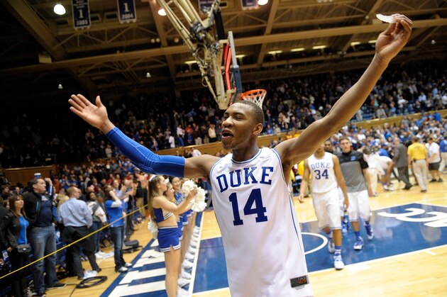 DURHAM, NC - FEBRUARY 15:  Rasheed Sulaimon #14 of the Duke Blue Devils celebrates as he leaves the floor after a win over the Maryland Terrapins at Cameron Indoor Stadium on February 15, 2014 in Durham, North Carolina. Duke won 69-67.  (Photo by Grant Halverson/Getty Images)
