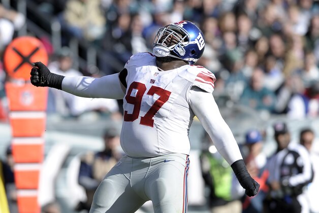 New York Giants' Linval Joseph is seen during the first half of an NFL football game against the Philadelphia Eagles on Sunday, Oct. 27, 2013 in Philadelphia. (AP Photo/Michael Perez)