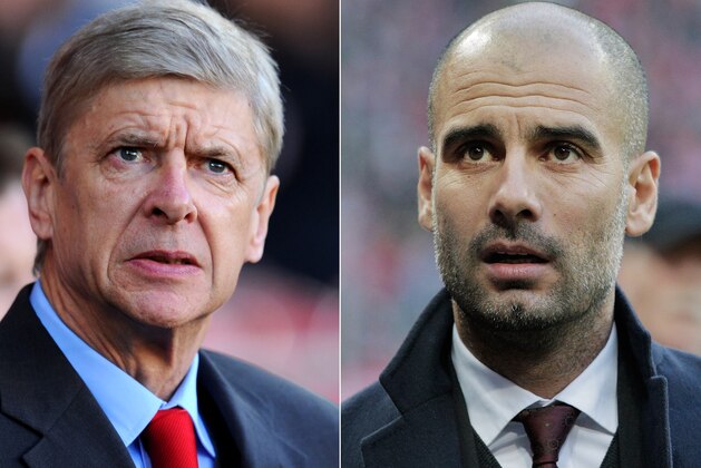 FILE PHOTO - EDITORS NOTE: COMPOSITE OF TWO IMAGES - Image Numbers 452603077 (L) and 452615683) In this composite image a comparison has been made between Arsene Wenger the Arsenal manager (L) and Head coach Josep Guardiola of Bayern Munich. Arsenal and Bayern Munich meet in the UEFA Champions League Round of 16 match 1st leg on February 19,2014 with the 2nd leg on March 11 ,2014.  ***LEFT IMAGE*** CARDIFF, WALES - NOVEMBER 30: Arsene Wenger manager of Arsenal looks on prior to the Barclays Premier League match between Cardiff City and Arsenal at Cardiff City Stadium on November 30, 2013 in Cardiff, Wales. (Photo by Mike Hewitt/Getty Images)  ***RIGHT IMAGE*** MUNICH, GERMANY - NOVEMBER 30: Josep Guardiola of Bayern comes onto the pitch before the Bundesliga match between Bayern Muenchen and Eintracht Braunschweig at Allianz Arena on November 30, 2013 in Munich, Germany. (Photo by Adam Pretty/Bongarts/Getty Images)