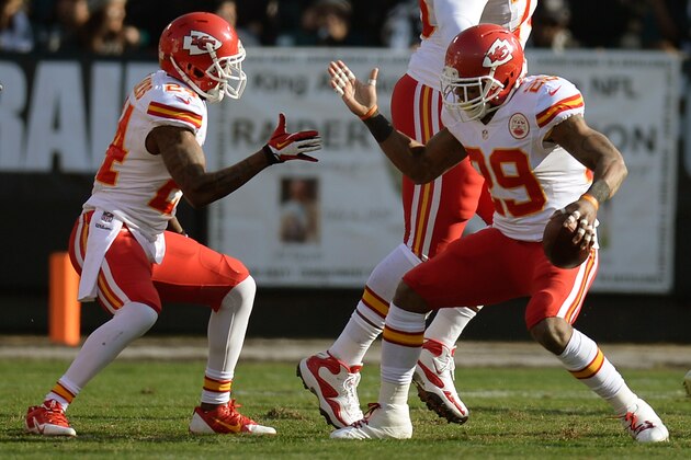 OAKLAND, CA - DECEMBER 15:  Eric Berry #29 and Brandon Flowers #24 of the Kansas City Chiefs celebrates after Berry returned an interception for a touchdown against the Oakland Raiders during the first quarter at O.co Coliseum on December 15, 2013 in Oakland, California.  (Photo by Thearon W. Henderson/Getty Images)