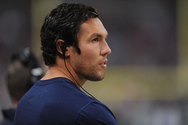 ST. LOUIS, MO - OCTOBER 28: Injured quarterback Sam Bradford #8 of the St. Louis Rams watches the game against the Seattle Seahawks from the sidelines at the Edward Jones Dome on October 28, 2013 in St. Louis, Missouri.  (Photo by Michael Thomas/Getty Images)