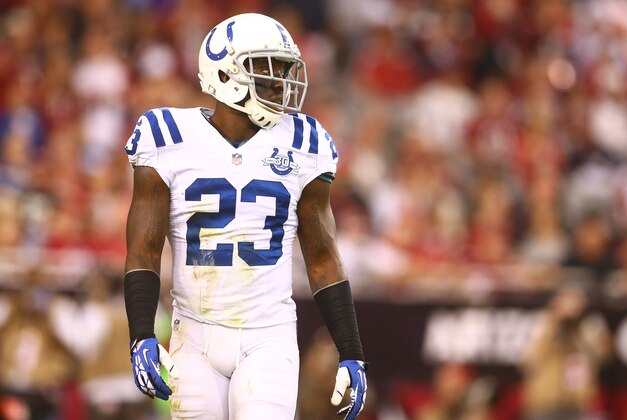 Nov 24, 2013; Phoenix, AZ, USA; Indianapolis Colts cornerback Vontae Davis (23) against the Arizona Cardinals at University of Phoenix Stadium. The Cardinals defeated the Colts 40-11. Mandatory Credit: Mark J. Rebilas-USA TODAY Sports