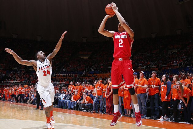 CHAMPAIGN, IL - FEBRUARY 15: Marc Loving #2 of the Ohio State Buckeyes shoots the ball against Rayvonte Rice #24 of the Illinois Fighting Illini during the game at State Farm Center on February 15, 2014 in Champaign, Illinois. Ohio State won 48-39. (Photo by Joe Robbins/Getty Images)