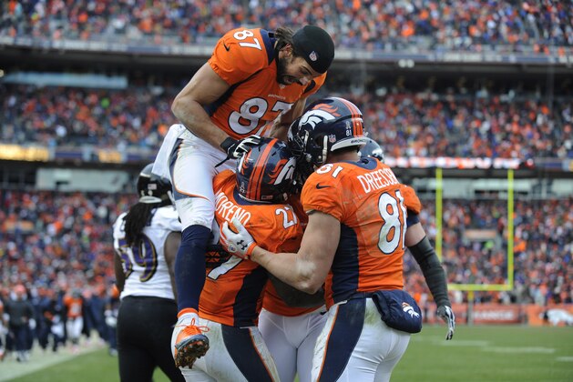 Denver Broncos wide receiver Eric Decker (87) leaps up to celebrate with tight end Joel Dreessen (81), wide receiver Demaryius Thomas (88) and running back Knowshon Moreno (27) after Moreno caught a pass for a touchdown agains the Baltimore Ravens in the second quarter of an AFC divisional playoff NFL football game, Saturday, Jan. 12, 2013, in Denver. (AP Photo/Jack Dempsey)