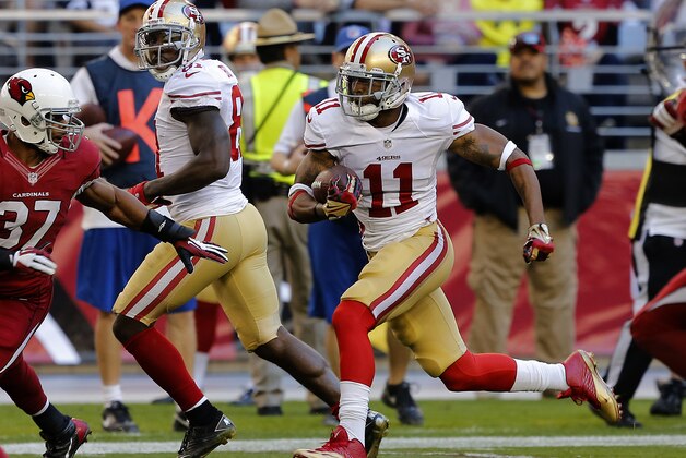 San Francisco 49ers wide receiver Quinton Patton (11) against the Arizona Cardinals during the first half of an NFL football game, Sunday, Dec. 29, 2013, in Glendale, Ariz.  (AP Photo/Rick Scuteri)