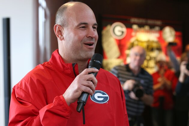 Georgia defensive coordinator Jeremy Pruitt answers questions from fans about Georgia's recruiting class on national signing day Wednesday, Feb. 5, 2014, in Athens, Ga. (AP Photo/Jason Getz)