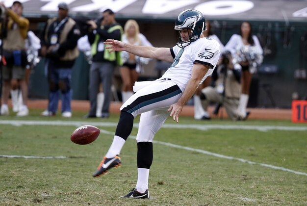 Nov 3, 2013; Oakland, CA, USA;  Philadelphia Eagles punter Donnie Jones (8) punts during the fourth quarter against the Oakland Raiders at O.co Coliseum. The Eagles won 49-20. Mandatory Credit: Bob Stanton-USA TODAY Sports
