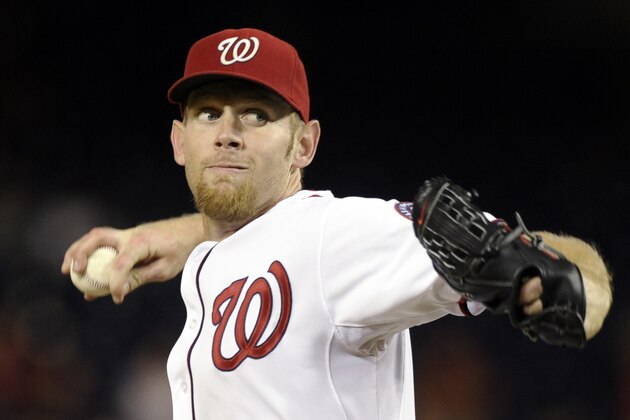 Washington Nationals starting pitcher Stephen Strasburg delivers a pitch against the Miami Marlins during the fifth inning of their baseball game at Nationals Park in Washington, Sunday, Sept. 22, 2013. Strasburg got his 500th career strikeout during the game. (AP Photo/Susan Walsh)