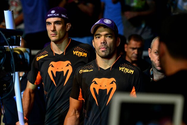 Feb 15, 2014; Jaragua do Sul, SC, Brazil; Lyoto Machida (red gloves) before his fight against Gegard Mousasi (blue gloves) during UFC Fight Night Machida vs Mousasi at Arena Jaragua. Mandatory Credit: Jason Silva-USA TODAY Sports