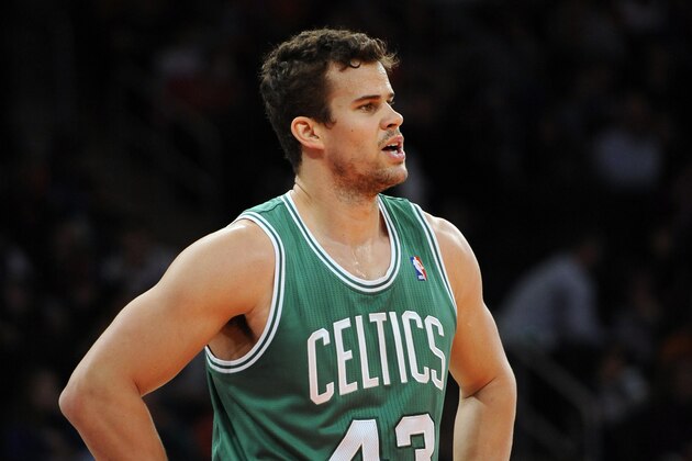 Boston Celtics power forward Kris Humphries (43) waits for a foul shot during an NBA basketball game against the New York Knicks on Sunday, Dec. 8, 2013, in New York. (AP Photo/Kathy Kmonicek)