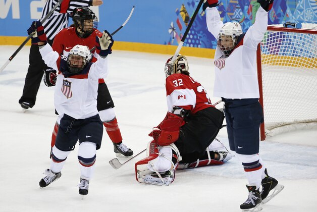 Hilary Knight, right, and Kelli Stack, left, of the United States celebrate Knight's goal against Goalkeeper Charline Labonte of Canada during the second period of the 2014 Winter Olympics women's ice hockey game at Shayba Arena, Wednesday, Feb. 12, 2014, in Sochi, Russia. (AP Photo/Petr David Josek)