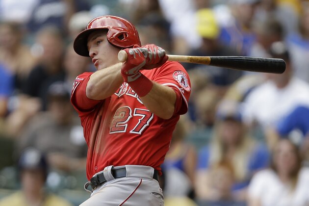 MILWAUKEE, WI - SEPTEMBER 01: Mike Trout #27 of the Los Angeles Angles of Anaheim singles in the top of the sixth inning against the Milwaukee Brewers at Miller Park on September 01, 2013 in Milwaukee, Wisconsin. (Photo by Mike McGinnis/Getty Images)