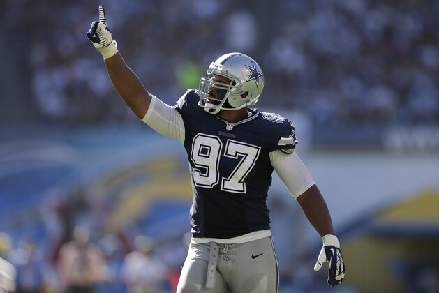Dallas Cowboys defensive tackle Jason Hatcher celebrates during the second half of an NFL football game against the Dallas Cowboys Sunday, Sept. 29, 2013, in San Diego. (AP Photo/Gregory Bull)