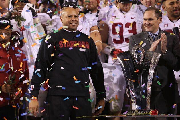 TEMPE, AZ - DECEMBER 07:  Head coach David Shaw of the Stanford Cardinal celebrates alongside teammates after defeating the Arizona State Sun Devils 38-14 in Pac 12 Championship game at Sun Devil Stadium on December 7, 2013 in Tempe, Arizona.  (Photo by Christian Petersen/Getty Images)