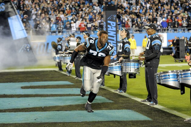 Carolina Panthers defensive end Greg Hardy (76) runs onto the field prior to an NFL football game against the New England Patriots in Charlotte, NC, Monday, Nov. 18, 2013. (AP Photo/Mike McCarn)
