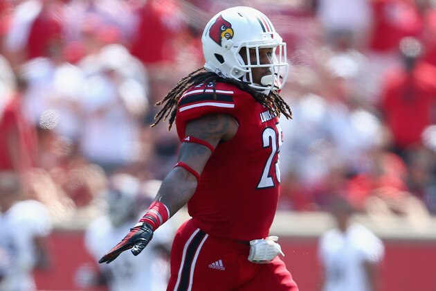 LOUISVILLE, KY - SEPTEMBER 07:  Calvin Pryor #25 of the Louisville Cardinals celebrates after intercepting a pass during the game against the Eastern Kentucky Colonels at Papa John's Cardinal Stadium on September 7, 2013 in Louisville, Kentucky.  (Photo by Andy Lyons/Getty Images)