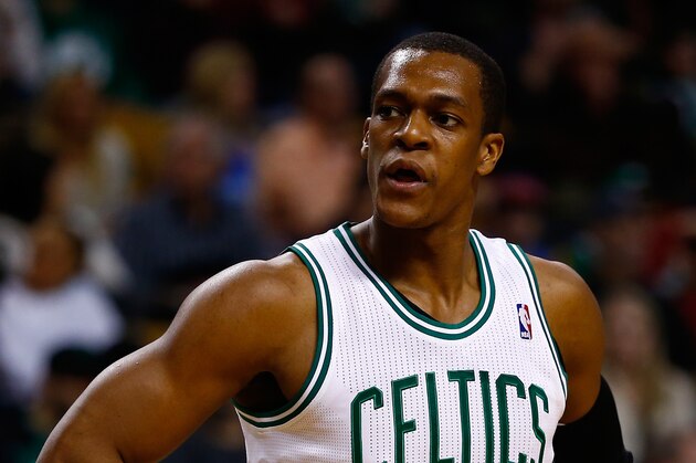 BOSTON, MA - JANUARY 24:  Rajon Rondo #9 of the Boston Celtics looks on during a game against the Oklahoma City Thunder at the TD Garden on January 24, 2014 in Boston, Massachusetts. NOTE TO USER: User expressly acknowledges and agrees that, by downloading and/or using this photograph, user is consenting to the terms and conditions of the Getty Images License Agreement.  (Photo by Alex Trautwig/Getty Images)