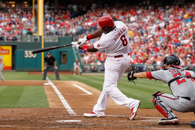PHILADELPHIA, PA - JUNE 17:  Ryan Howard #6 of the Philadelphia Phillies hits a solo home run in the second inning of the game against the Washington Nationals at Citizens Bank Park on June 17, 2013 in Philadelphia, Pennsylvania. (Photo by Brian Garfinkel/Getty Images)