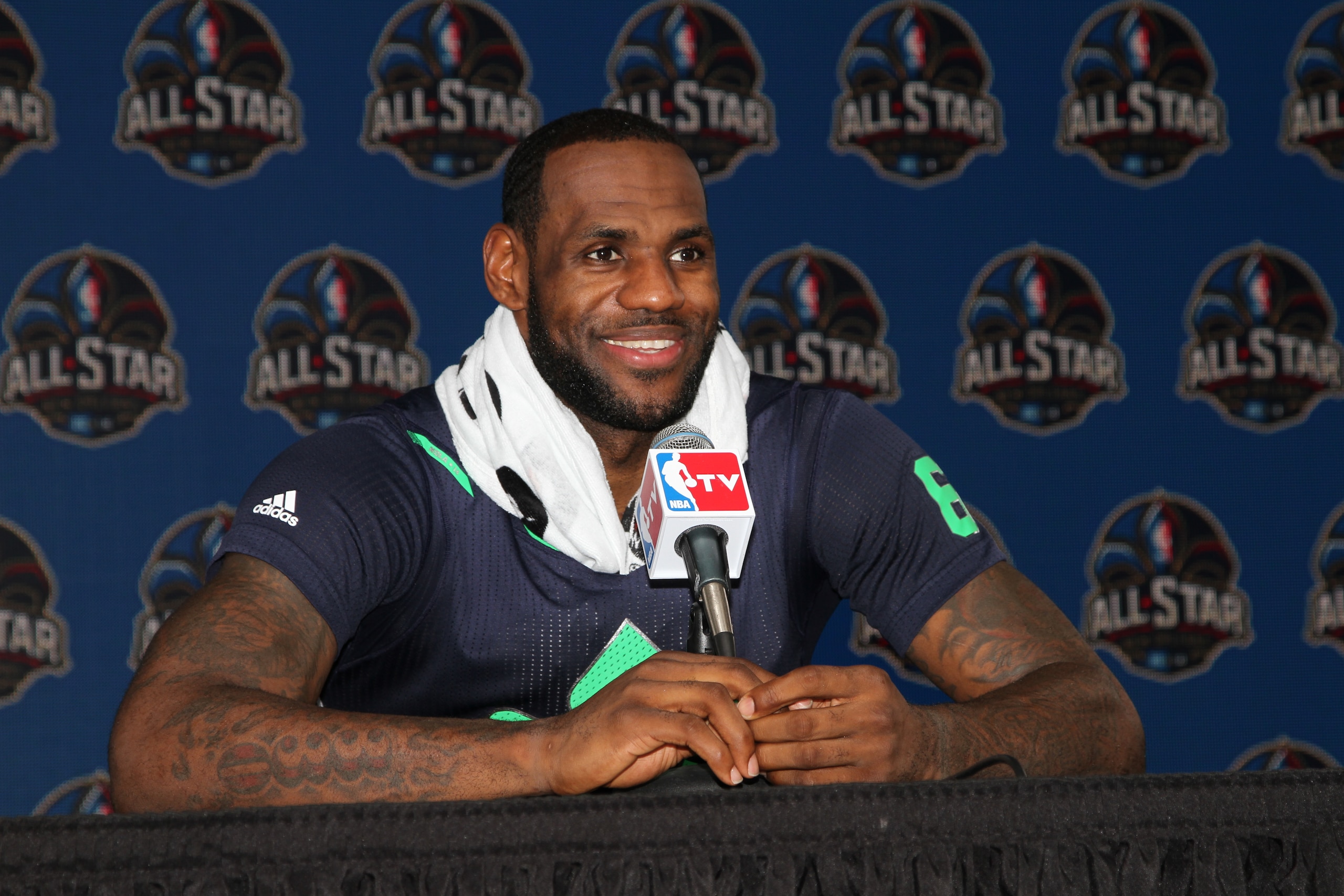NEW ORLEANS, LA - FEBRUARY 16: LeBron James #6 of the Eastern Conference All-Stars talks to the media following the 2014 NBA All-Star Game at Smoothie King Center on February 16, 2014 in New Orleans, Louisiana. NOTE TO USER: User expressly acknowledges and agrees that, by downloading and/or using this photograph, user is consenting to the terms and conditions of the Getty Images License Agreement.  Mandatory Copyright Notice: Copyright 2014 NBAE (Photo by Ray Amati/NBAE via Getty Images)