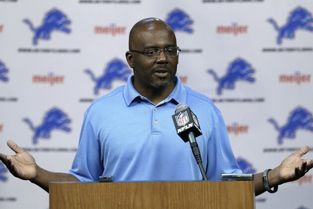 Detroit Lions general manager Martin Mayhew speaks about the upcoming NFL football draft during a news conference in Allen Park, Mich., Thursday April 18, 2013. (AP Photo/Paul Sancya)