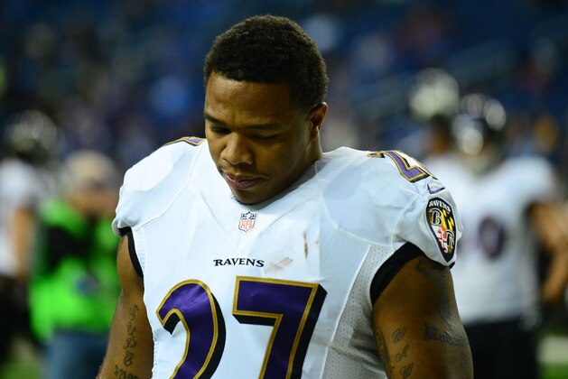 Dec 16, 2013; Detroit, MI, USA; Baltimore Ravens running back Ray Rice (27) against the Detroit Lions at Ford Field. Mandatory Credit: Andrew Weber-USA TODAY Sports