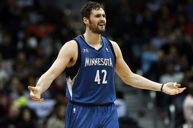 Minnesota Timberwolves forward Kevin Love  reacts after a foul call during the second half of the Timberwolves' NBA basketball game against the Atlanta Hawks on Saturday, Feb. 1, 2014, in Atlanta. Atlanta won 120-113 despite Love's 43 points and 19 rebounds. (AP Photo/John Bazemore)