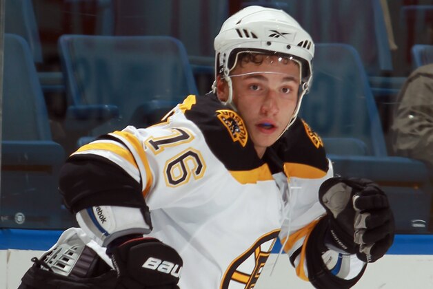 UNIONDALE, NY - SEPTEMBER 12: Alexander Khokhlachev #76 of the Boston Bruins skates against the New York Islanders during a rookie game exhibition at Nassau Coliseum on September 12, 2011 in Uniondale, New York. The Bruins defeated the Islanders 8-5.  (Photo by Bruce Bennett/Getty Images)