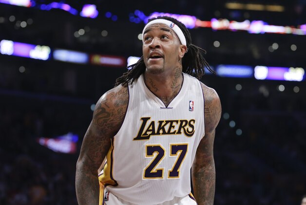 Los Angeles Lakers' Jordan Hill plays during the second half of an NBA basketball game against the Chicago Bulls in Los Angeles, Sunday, Feb. 9, 2014. (AP Photo/Chris Carlson)
