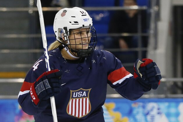 Brianna Decker of the United States celebrates her goal against Sweden during the third period of the 2014 Winter Olympics women's semifinal ice hockey game at Shayba Arena, Monday, Feb. 17, 2014, in Sochi, Russia. (AP Photo/Petr David Josek) Brianna Decker of the United States celebrates her goal against Sweden during the third period of the 2014 Winter Olympics women's semifinal ice hockey game at Shayba Arena, Monday, Feb. 17, 2014, in Sochi, Russia. (AP Photo/Petr David Josek)