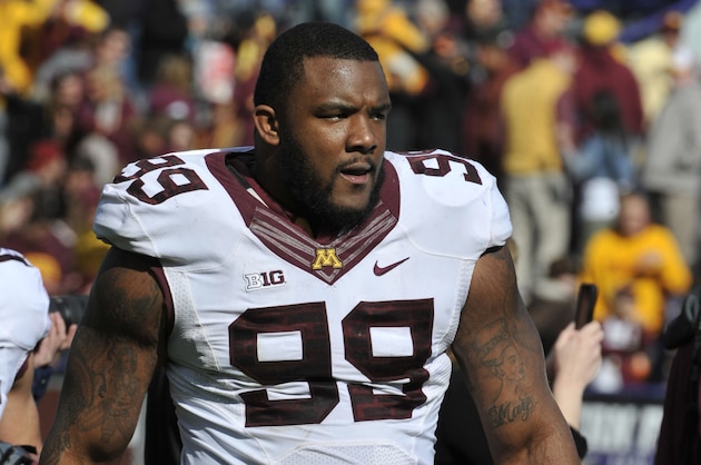 Oct 19, 2013; Evanston, IL, USA;  Minnesota Golden Gophers defensive lineman Ra'Shede Hageman (99) leaves the field after the game against the Northwestern at Ryan Field.  The Minnesota Golden Gophers defeated the Northwestern Wildcats 20-17. Mandatory Credit: David Banks-USA TODAY Sports