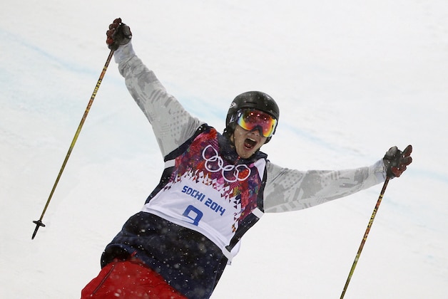 David Wise, of the United States, reacts after competing in the men's ski halfpipe final at the Rosa Khutor Extreme Park, at the 2014 Winter Olympics, Tuesday, Feb. 18, 2014, in Krasnaya Polyana, Russia. Wise won the gold medal. (AP Photo/Jae C. Hong)