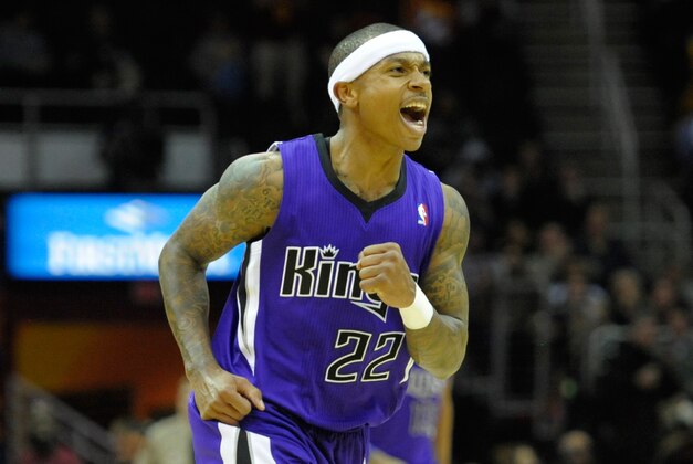 Feb 11, 2014; Cleveland, OH, USA; Sacramento Kings point guard Isaiah Thomas (22) reacts against the Cleveland Cavaliers at Quicken Loans Arena. Cleveland won 109-99. Mandatory Credit: David Richard-USA TODAY Sports