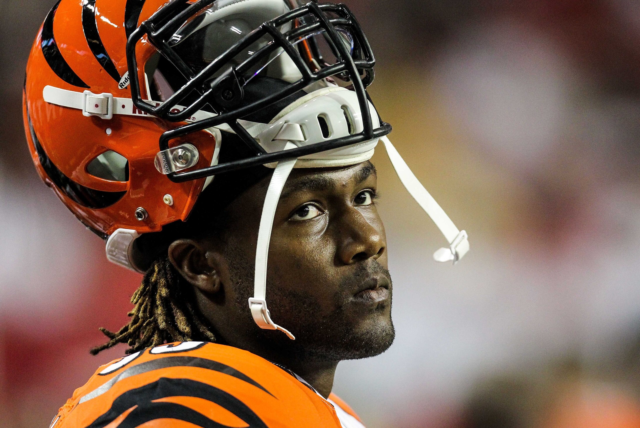 August 16, 2012; Atlanta, GA, USA; Cincinnati Bengals defensive end Michael Johnson (93) before the game against the Atlanta Falcons at the Georgia Dome. The Bengals beat the Falcons 24-19. Mandatory Credit: Daniel Shirey-USA TODAY Sports