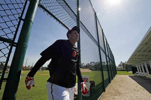 Baltimore Orioles' Manny Machado walks between practice fields during the team's first full squad workout of baseball spring training in Sarasota, Fla., Wednesday, Feb. 19, 2014. (AP Photo/Gene J. Puskar)