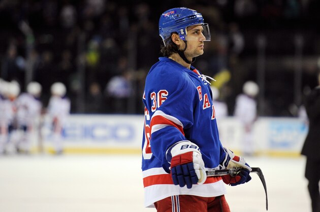 NEW YORK, NY - FEBRUARY 06: Mats Zuccarello #36 of the New York Rangers leaves the ice after the game against the Edmonton Oilers at Madison Square Garden on February 6, 2014 in New York City. The Oilers defeat the Rangers 2-1.  (Photo by Maddie Meyer/Getty Images)