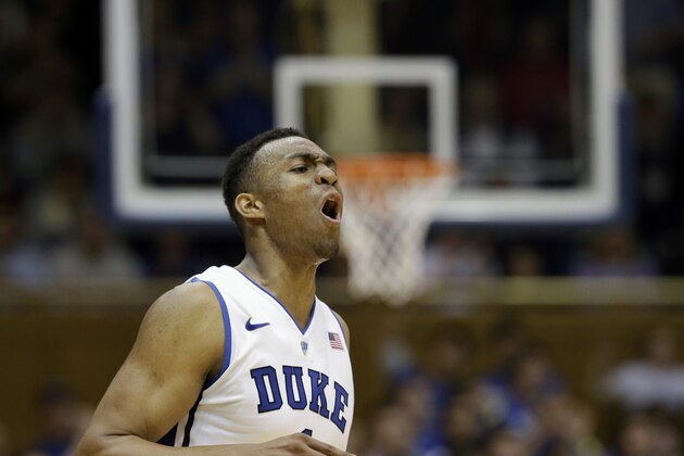 Duke's Jabari Parker reacts following a dunk against Wake Forest during the second half of an NCAA college basketball game in Durham, N.C., Tuesday, Feb. 4, 2014.  Duke won 83-63. (AP Photo/Gerry Broome)
