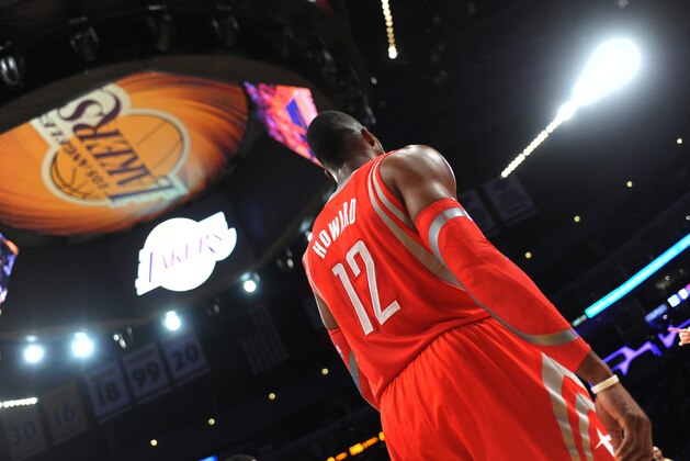 LOS ANGELES, CA - FEBRUARY 19: Dwight Howard #12 of the Houston Rockets during a game against the Los Angeles Lakers at STAPLES Center on February 19, 2014 in Los Angeles, California. NOTE TO USER: User expressly acknowledges and agrees that, by downloading and/or using this Photograph, user is consenting to the terms and conditions of the Getty Images License Agreement. Mandatory Copyright Notice: Copyright 2014 NBAE (Photo by Noah Graham/NBAE via Getty Images)