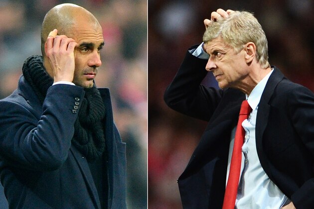 FILE PHOTO - EDITORS NOTE: COMPOSITE OF TWO IMAGES - Image Numbers 454921563 (L) and 178222670) In this composite image a comparison has been made between Head coach Josep Guardiola of Bayern Munich (L) and Arsene Wenger the Arsenal manager. Arsenal and Bayern Munich meet in the UEFA Champions League Round of 16 match 1st leg on February 19,2014 with the 2nd leg on March 11 ,2014.  ***LEFT IMAGE*** MUNICH, GERMANY - DECEMBER 10: Head coach Josep Guardiola of Muenchen reacts during the UEFA Champions League Group D match between FC Bayern Muenchen and Manchester City at Allianz Arena on December 10, 2013 in Munich, Germany. (Photo by Lennart Preiss/Bongarts/Getty Images) ***RIGHT IMAGE*** LONDON, ENGLAND - AUGUST 27: Arsene Wenger the Arsenal manager reacts on the touchline during the UEFA Champions League Play Off Second leg match between Arsenal FC and Fenerbahce SK at Emirates Stadium on August 27, 2013 in London, England. (Photo by Michael Regan/Getty Images)