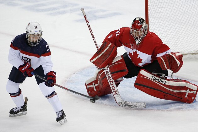 Kendall Coyne of the United States picks up a pass as she sets up for an attempted shot at the goal as Goalkeeper Charline Labonte of Canada keeps an eye on the puck during the first period of the 2014 Winter Olympics women's ice hockey game at Shayba Arena, Wednesday, Feb. 12, 2014, in Sochi, Russia. (AP Photo/Petr David Josek)