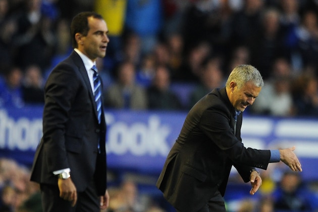 LIVERPOOL, ENGLAND - SEPTEMBER 14:  Chelsea Manager Jose Mourinho and Everton Manager Roberto Martinez (L) react during the Barclays Premier League match between Everton and Chelsea at Goodison Park on September 14, 2013 in Liverpool, England.  (Photo by Chris Brunskill/Getty Images)
