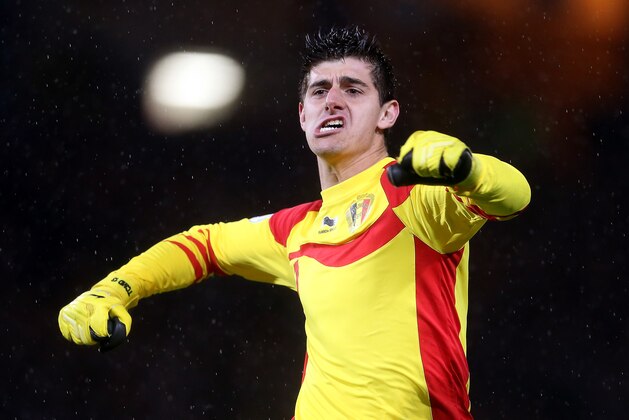 GLASGOW, SCOTLAND - SEPTEMBER 06:  Thibaut Courtois of Belgium celebrates their second goal during the FIFA 2014 World Cup Qualifying Group A match between Scotland and Belgium at Hampden Park on September 6, 2013 in Glasgow, Scotland.  (Photo by Scott Heavey/Getty Images)